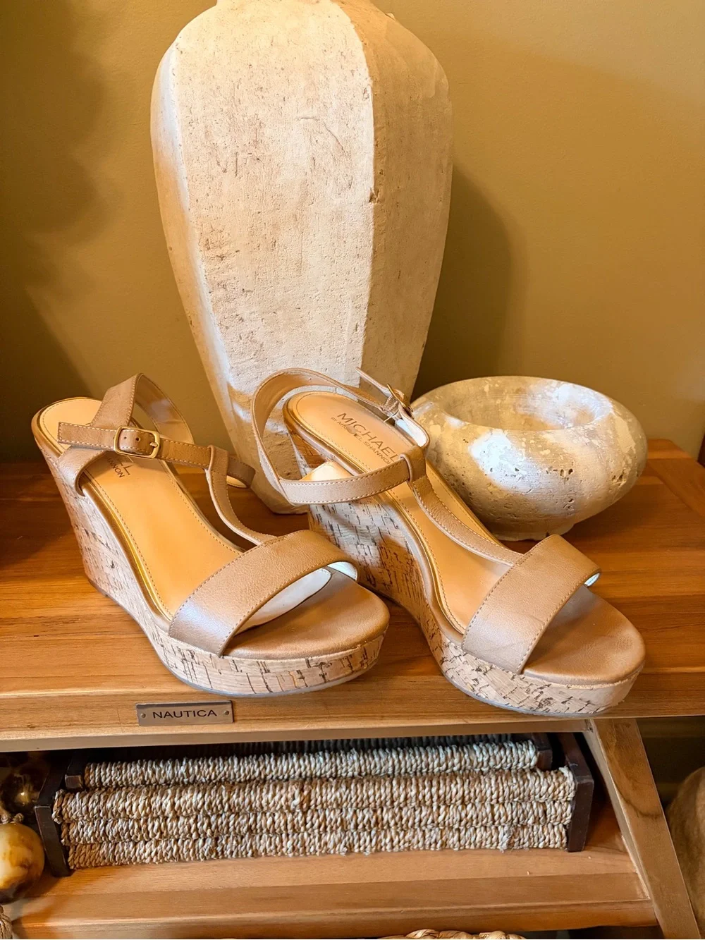 Michael Shannon Beige Cork Platform Wedge Sandals